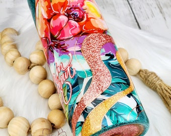 Ready To Ship Teal Glitter Tumbler Floral Tumbler Custom Mug, Gift for Her Travel Mug Personalized Gift, Insulated Coffee Cup, To Go Cup,