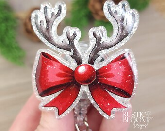Glitter Christmas Red Nose Antler Croquette Bow Badge Reel Interchangeable retractable Personalized Custom Work ID Nurse Gift Teacher