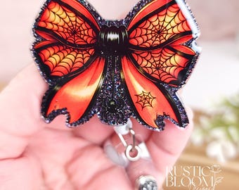 Spooky Coquette Bow Glitter Badge Reel Interchangeable Nurse Badge Reel Name Tag Work ID Holder Personalized Nurse Gift Teacher badge Holder