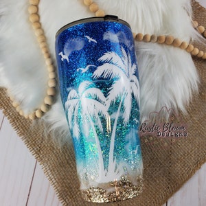 BEACH Ombre Glitter Tumbler PALM TREES  Mother&#39;s Day Gift for Her Custom Insulated Travel Coffee Mug Personalized Cup Tropical Ocean Waves