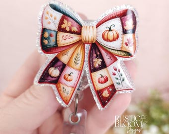 Fall Patchwork Bow Glitter Badge Reel  Interchangeable Name Tag Work ID Holder Personalized Nurse Gift for Teacher Holiday Badge
