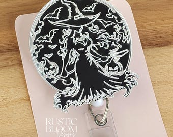 Halloween Witch Mirror Badge Reel Halloween Interchangeable Nurse Badge Reel, Work ID Holder Personalized Nurse Gift Teacher badge Holder