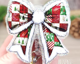 Glitter Christmas patchwork Croquette Bow Badge Reel Interchangeable retractable Personalized Custom Work ID Nurse Gift Teacher