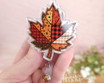 Fall Patchwork Leaf Glitter Badge Reel  Interchangeable Name Tag Work ID Holder Personalized Nurse Gift for Teacher Holiday Badge