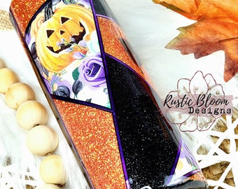 Orange-Schwarz-Glitter Jackolantern geometrischer Kürbis isolierter benutzerdefinierter Halloween-Becher-Grusel-Saison 20 Unzen Becher