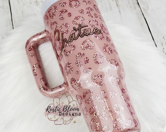 Glitter Pink Peekaboo Leopard Print Cheetah Tumbler Custom Gift for Her Travel Mug Personalized Insulated Coffee Cup with Handle Stanley Dup