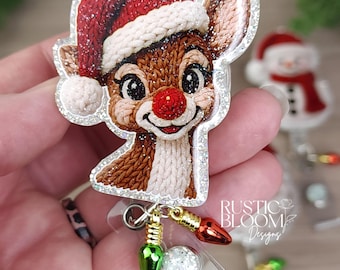 Glitter Reindeer Snowman Santa  Crochet Christmas Badge Reel Interchangeable retractable Personalized Custom Work ID Nurse Gift Teacher