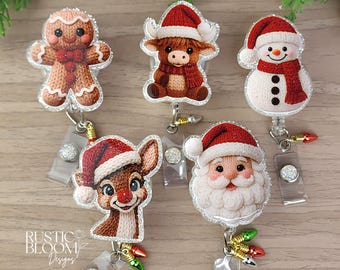 Glitter Reindeer Snowman Santa  Crochet Christmas Badge Reel Interchangeable retractable Personalized Custom Work ID Nurse Gift Teacher