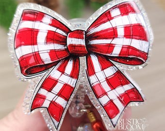 Glitter Christmas Plaid Croquette Bow Badge Reel Interchangeable retractable Personalized Custom Work ID Nurse Gift Teacher
