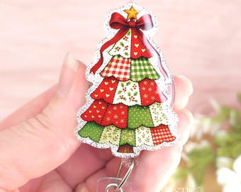 Glitter Christmas Tree Patchwork Glitter Fall Badge Reel Interchangeable Work ID Holder Personalized Nurse Gift for Teacher Seasonal Badge