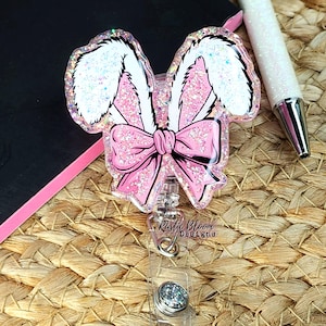 Easter Bunny Ears with Coquette Bow Glitter Badge Reel Nurse badge reel Name Tag, Retractable Badge reel Cute Badge Personalized Badge Reels