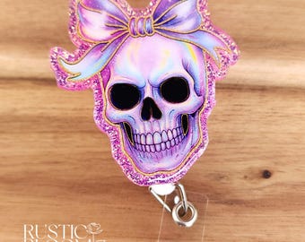 Iridescent Skull Glitter Badge Reel Interchangeable Nurse Badge Reel Name Tag Work ID Holder Personalized Nurse Gift Teacher badge Holder
