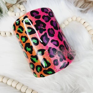 Neon Rainbow Glitter Tumbler, Cheetah Leopard Print, Glitter and Epoxy, Personalized Stainless Steel Insulated Cup, Rainbow Ombre Tumbler