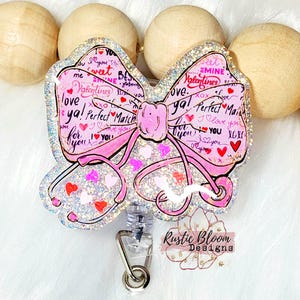 Pink Stethoscope Pink Bow Glitter Nurse Retractable Badge Reel Custom Badge holder Gift employee Interchangeable ID Holder