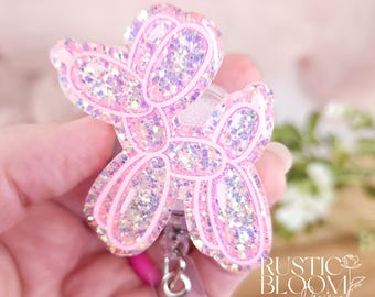 Pink Glitter Balloon Dog Interchangeable Badge Reel – Retractable ID Holder for Nurses, Teachers, & Professionals