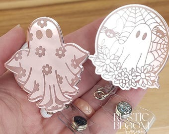 Floral Ghost Badge Reel Mirror Engraved Halloween Interchangeable Nurse Badge Reel Work ID Holder Personalized Nurse Gift Teacher badge Hold