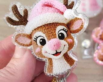 Glitter Pink Reindeer Snowman Santa  Crochet Christmas Badge Reel Interchangeable retractable Personalized Custom Work ID Nurse Gift Teacher