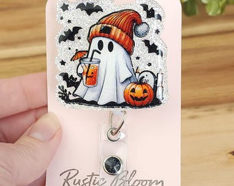 Cute Ghost Halloween Glitter Badge Reel Interchangeable Nurse Badge Reel Name Tag Work ID Holder Personalized Nurse Gift Teacher badge