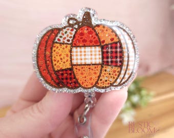 Fall Patchwork pumpkin Glitter Badge Reel  Interchangeable Name Tag Work ID Holder Personalized Nurse Gift for Teacher Holiday Badge