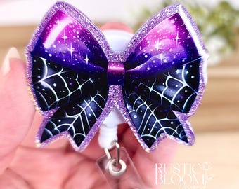 Spooky Coquette Bow Glitter Badge Reel Interchangeable Nurse Badge Reel Name Tag Work ID Holder Personalized Nurse Gift Teacher badge Holder