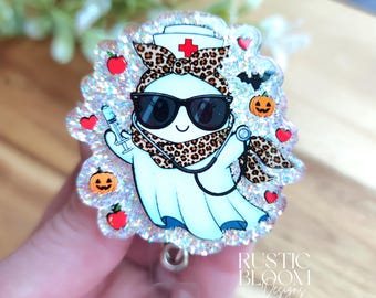Cute Nurse Ghost Glitter Badge Reel Interchangeable Nurse Badge Reel Name Tag Work ID Holder Personalized Nurse Gift Teacher badge Holder