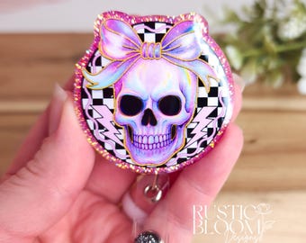 Iridescent Skull Glitter Badge Reel Interchangeable Nurse Badge Reel Name Tag Work ID Holder Personalized Nurse Gift Teacher badge Holder