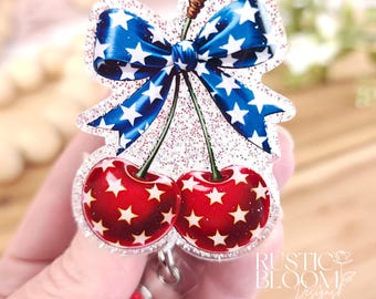 Glitter Cherry Badge Reel with Blue Bow  Stars – Cute Retractable ID Holder for Nurses Teachers