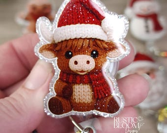Glitter highland Cow Snowman Santa  Crochet Christmas Badge Reel Interchangeable retractable Personalized Custom Work ID Nurse Gift Teacher