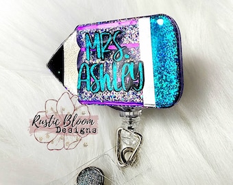 Personalized Glitter Pencil Badge Reel, Teacher ID Holder