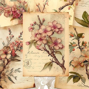 Cartes ATC de fleurs de cerisier, cartes de journalisation Sakura, artisanat en papier, éphémères d'inserts imprimables, journal botanique indésirable et fournitures de scrapbooking