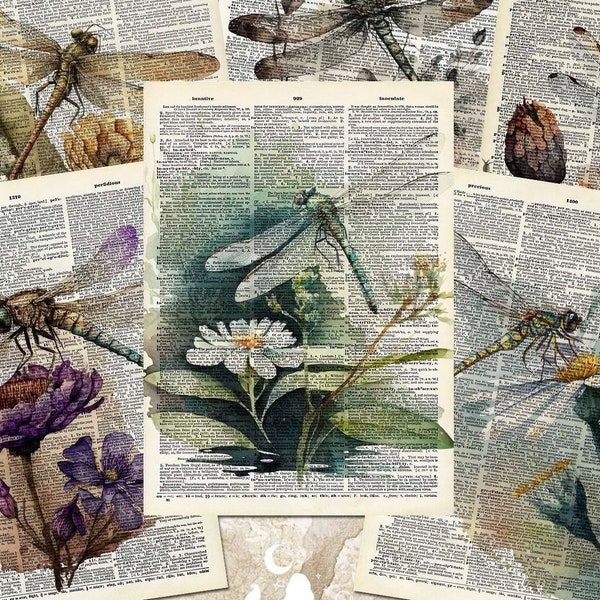 Vintage Dragonflies ATC Cards, Floral Journaling Cards, Printable Inserts Ephemera, Dragonfly Junk Journal & Scrapbooking Supplies