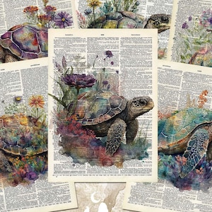 vintage Floral Turtles ATC Cards, Floral Journaling Cards, Printable Inserts Ephemera, Sea Naval Turtle Junk Journal - Scrapbooking Supplies