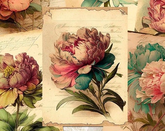 Vintage Pfingstrosen ATC Karten, Blumen Journaling Karten, Papier Handwerk, druckbare Einsätze Ephemera, Botanisches Junk Journal & Scrapbooking Zubehör