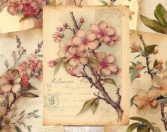 Cherry Blossom ATC Cards, Sakura Journaling Cards, Paper Craft, Printable Inserts Ephemera, Botanical Junk Journal & Scrapbooking Supplies