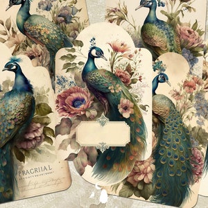 Vintage Pfau Tags, Journaling Tags, Frühling druckbare Einsätze und Ephemera, tropische Geschenkanhänger, Junk Journal & Scrapbooking Zubehör