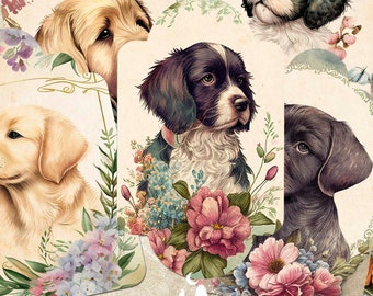 Vintage Puppies Tags, Dog Journaling Tags, Pet Printable Inserts Ephemera, Fungi Gift Tags, Junk Journal & Scrapbooking Supplies
