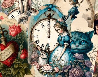 Vintage Wonderland Alice Tags, Journaling Tags, Printable Inserts and Ephemera, Red Queen Gift Tags, Junk Journal and Scrapbooking Supplies