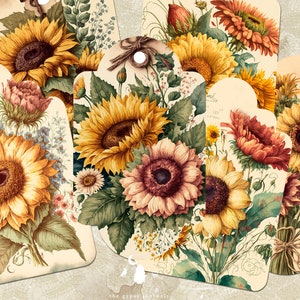 Vintage Sunflowers Tags, Garden Journaling Tags, Printable Inserts and Ephemera, Wildflowers Gift Tags, Junk Journal & Scrapbooking Supplies