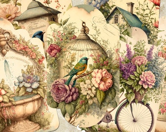 Vintage Garden Tags, Spring Journaling Tags, Printable Inserts and Ephemera, Floral Gift Tags, Junk Journal & Scrapbooking Supplies