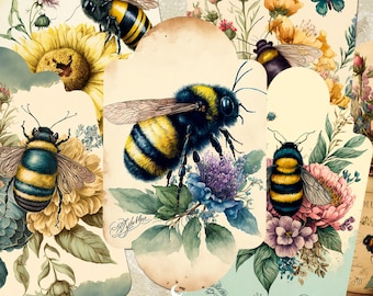 Vintage Bumblebee Tags, Garden Journaling Tags, Printable Inserts Ephemera, Bee Spring Gift Tags, Junk Journal & Scrapbooking Supplies