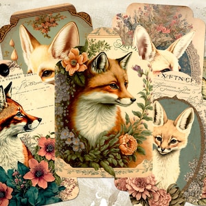 vintage Foxes Tags, Fox Journaling Tags, Inserts imprimables et Ephemera, Woodland Gift Tags, Junk Journal et Scrapbooking Supplies