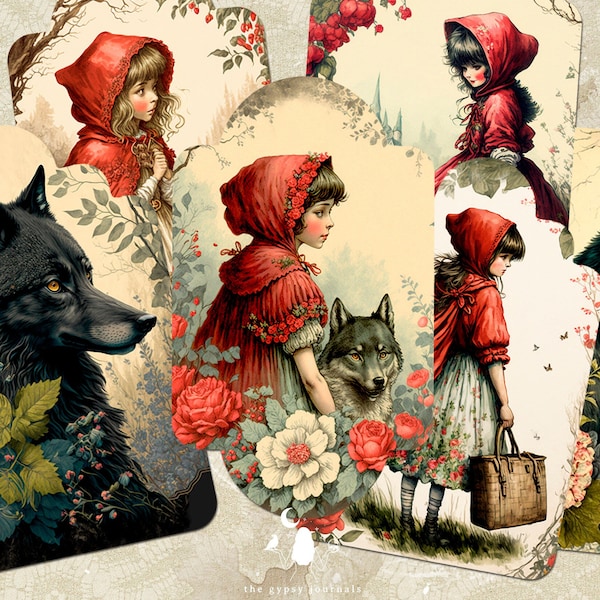 Vintage Red Riding Hood Tags, Fairytale Journaling Tags, Printable Inserts and Ephemera, Gift Tags, Junk Journal and Scrapbooking Supplies