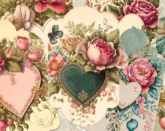 Vintage Valentines Tags, Journaling Tags, Printable Inserts Ephemera, Floral Hearts Gift Tags, Junk Journal & Scrapbooking Supplies