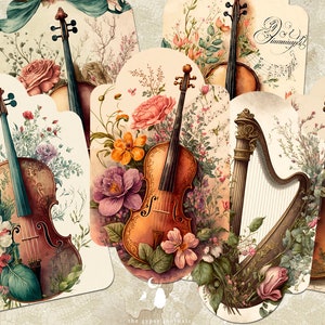 Può includere: Sei etichette stampabili in stile vintage con motivi floreali e strumenti musicali, tra cui violini e un'arpa. Le etichette sono perfette per aggiungere un tocco di eleganza ai tuoi lavoretti e progetti.
