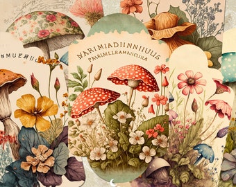 Vintage Mushroom Tags, Garden Journaling Tags, Woodland Printable Inserts Ephemera, Fungi Gift Tags, Junk Journal & Scrapbooking Supplies