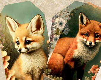 Vintage Baby Foxes Tags, Fox Journaling Tags, Printable Inserts and Ephemera, Woodland Gift Tags, Junk Journal and Scrapbooking Supplies