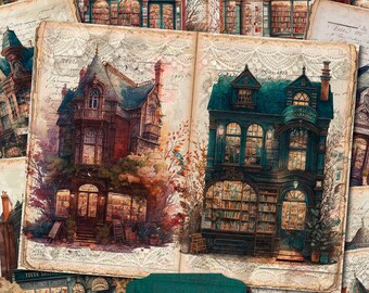 May include: A collage of vintage-style images featuring Victorian-era buildings with bookshop themes. The images are printed on aged paper with handwritten notes and text. The title "Victorian Bookshop" and "the gypsy journals printables" are displayed at the bottom of the collage.