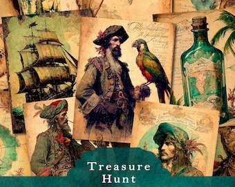 Może przedstawiać: Zestaw drukowanych obrazów w stylu vintage z motywem poszukiwania skarbów. Obrazy przedstawiają mapy, statki, piratów i inne elementy morskie. Tekst "Treasure Hunt Set 1 the gypsy journals printables" znajduje się na dole obrazu.