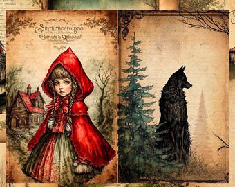 Könnte beinhalten: Eine Collage aus Illustrationen im Vintage-Stil mit einem Mädchen in einem roten Umhang mit Kapuze, einem Wolf und einer Waldkulisse. Der Text "Simmtoualgoo Clamide de Gahouine" ist in der Mitte der Collage sichtbar.