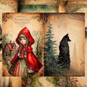 Little Red Riding Hood Junk Journal Kit, Bad Wolf Scrapbooking Supplies, Mad Hatter Printable Ephemera Papers, Embellishment ATC Cards Tags